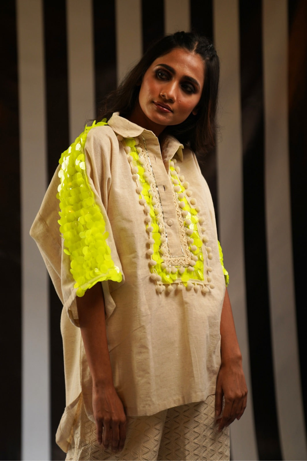 Cream Lime Sequin Lounge Top