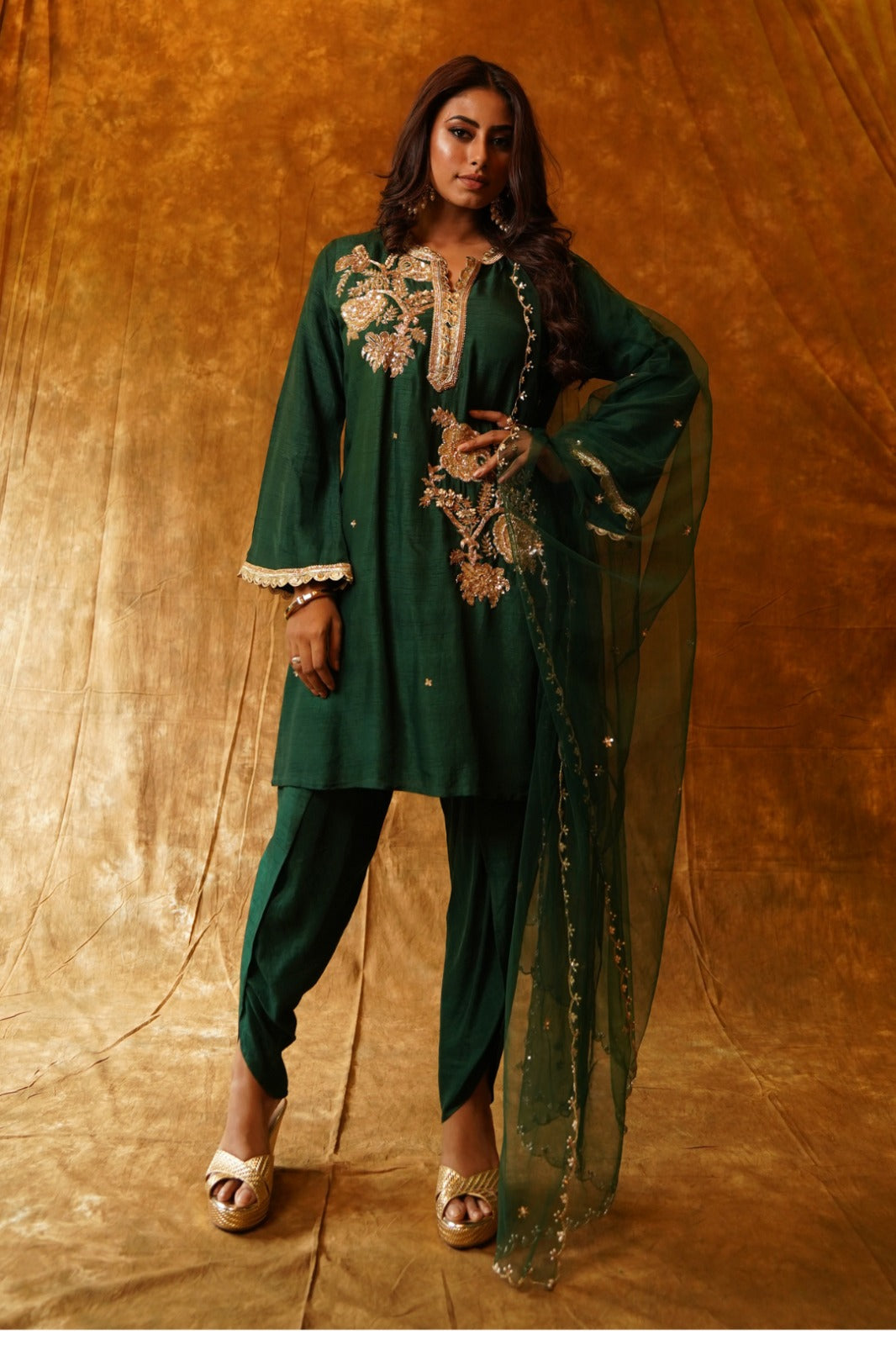 Tunic and Dhoti Set in Emerald with Dupatta