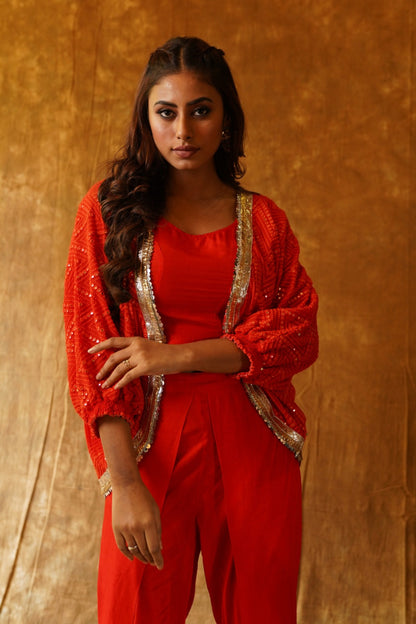 Boho Jacket in Mirrorwork with Inner & Overlap Dhoti in Red