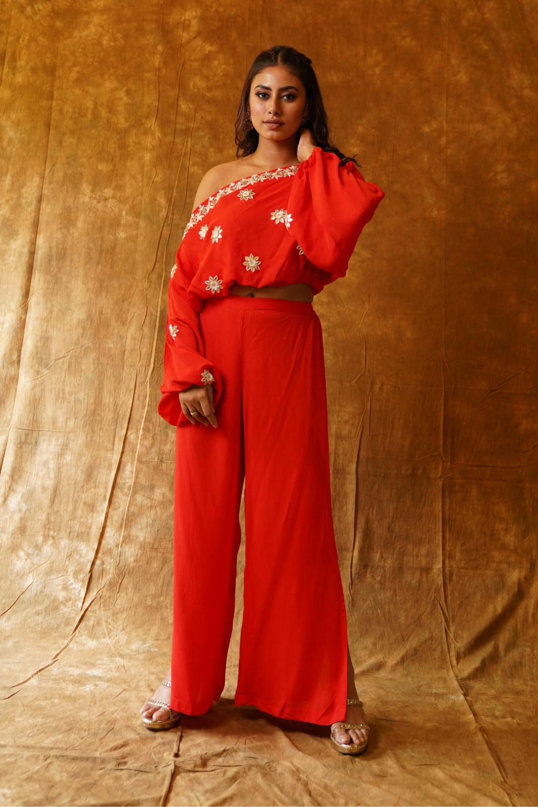 Off Shoulder Top and Palazzo Pants in Red