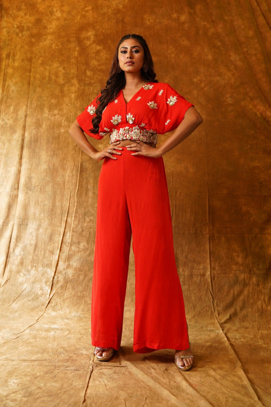 Traditional Twist: V-Neck Crop Top & Palazzo Pants Set