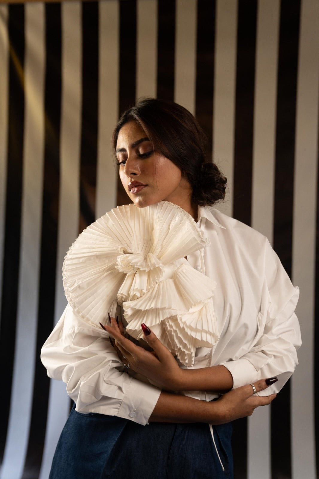 White Pleated Flower Shirt