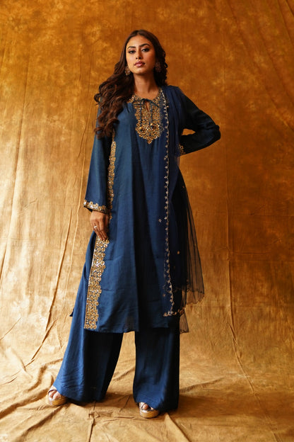 Timeless Elegance: High-Slit Kurta, Palazzo & Dupatta Set - Navy Blue