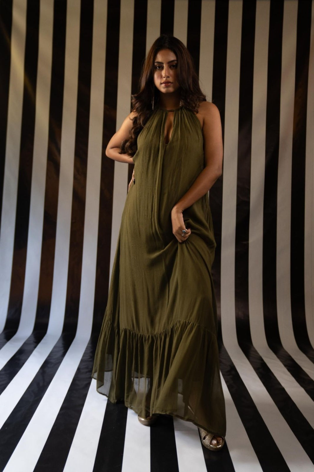 Backless Halter Maxi in Military Georgette