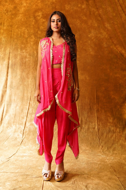 Sleeveless Jacket with Inner and Overlap Dhoti in Rani Pink