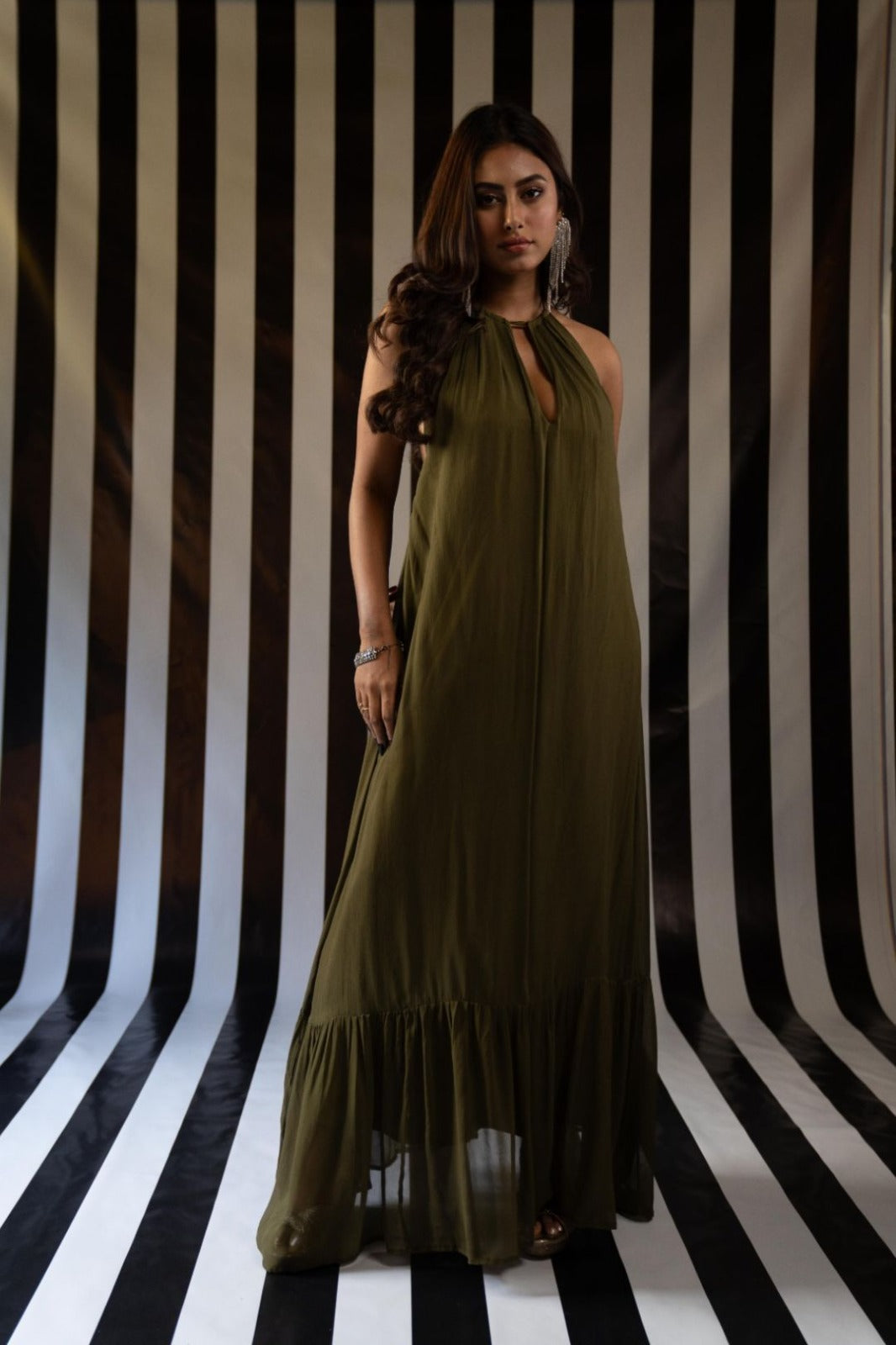 Backless Halter Maxi in Military Georgette