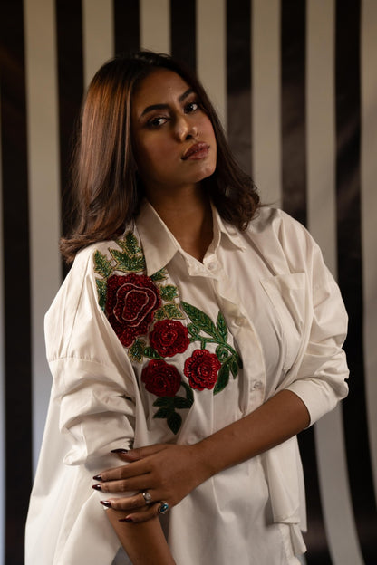 White Flare Shirt with Hand-Embroidered Roses