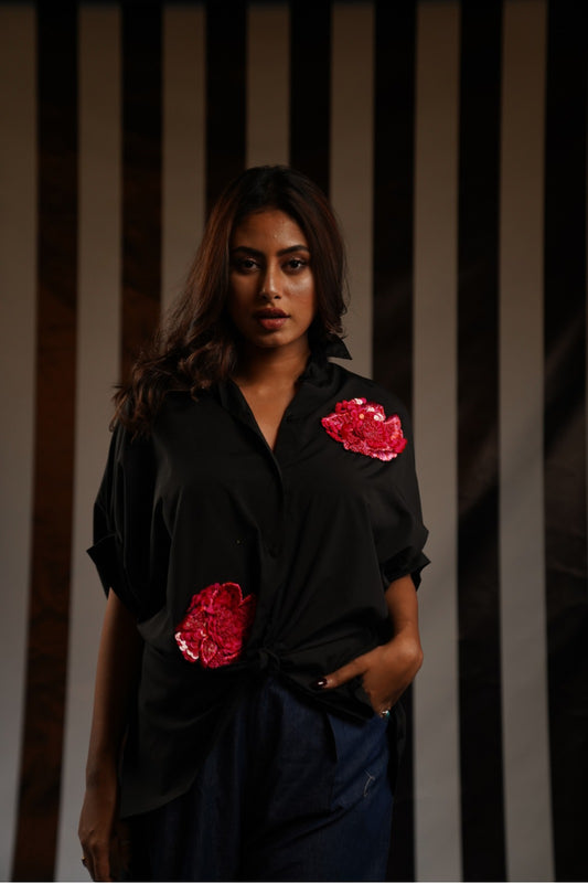 Hand-Embroidered Black/Red Dahlia Shirt