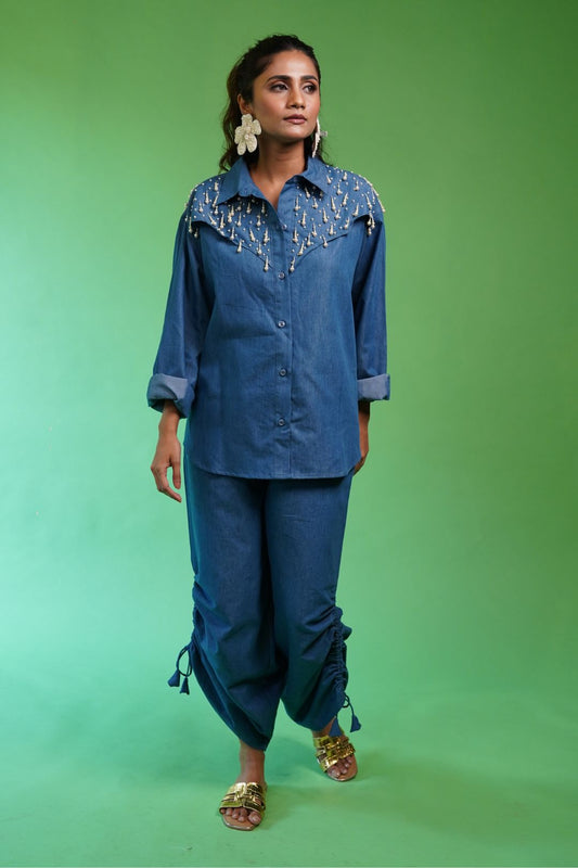 Denim Pearl Shirt + Rusched Pants