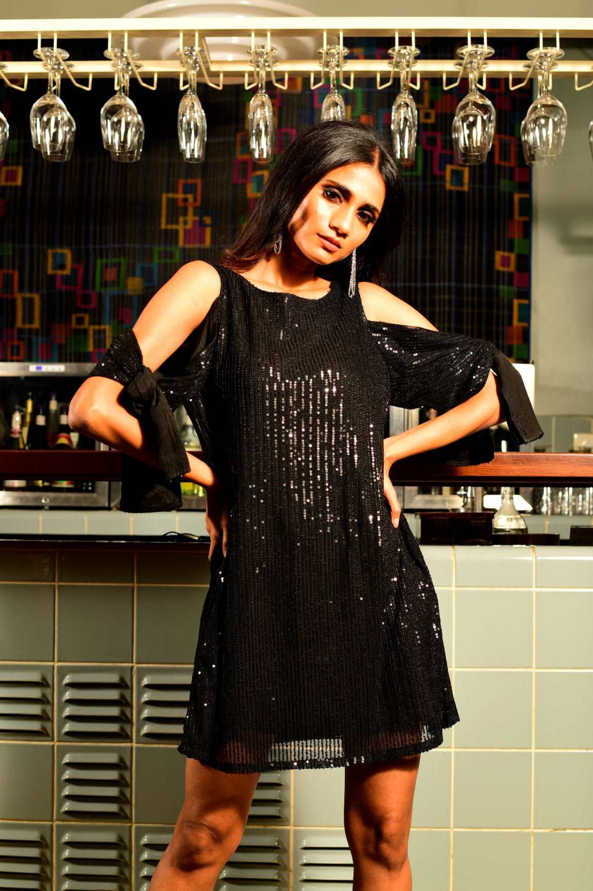 Cold shoulder black sequin dress