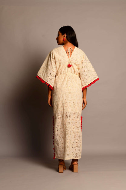 Eyelet Kaftan Maxi Dress with Floral Embroidery