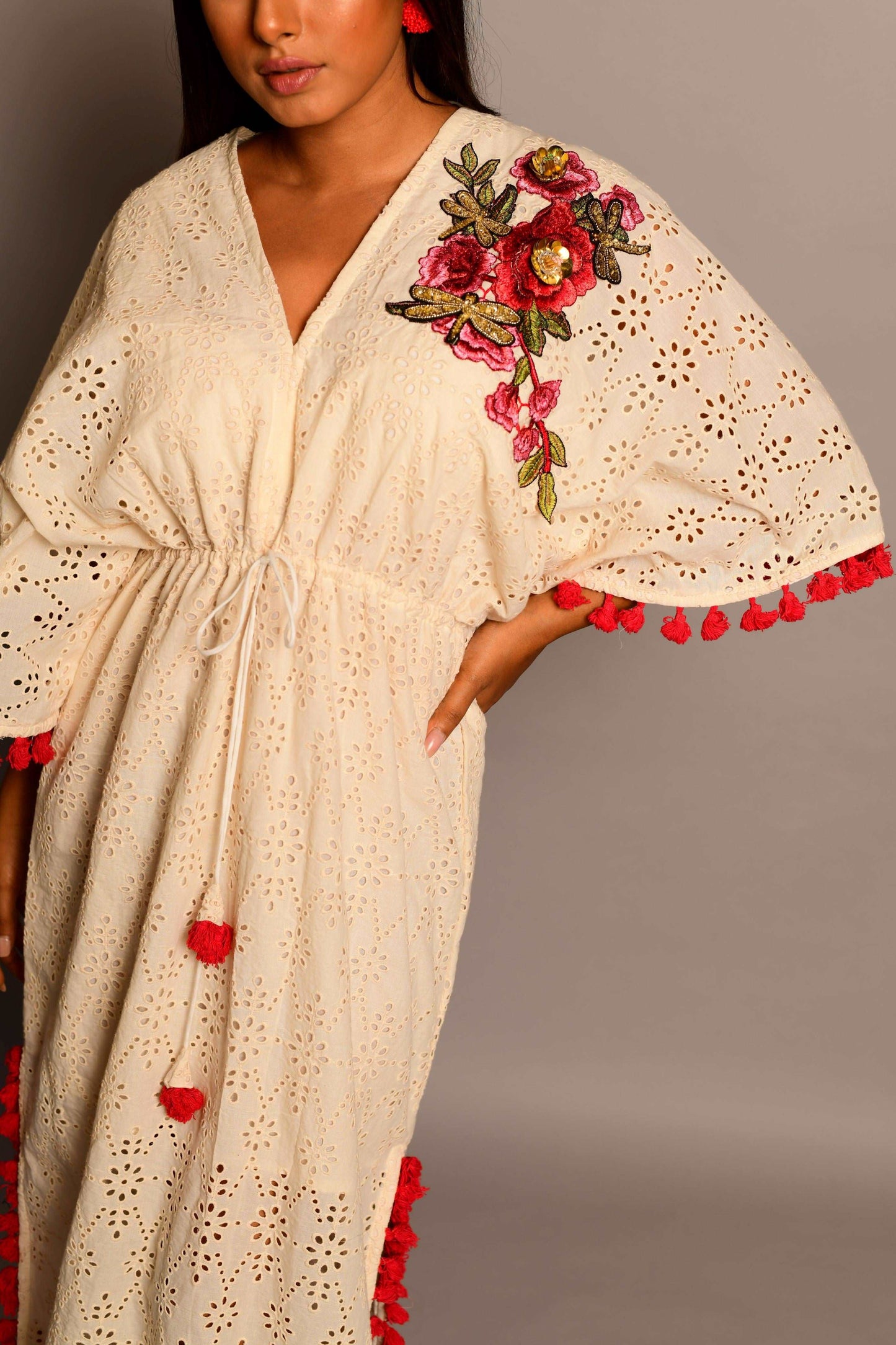 Eyelet Kaftan Maxi Dress with Floral Embroidery