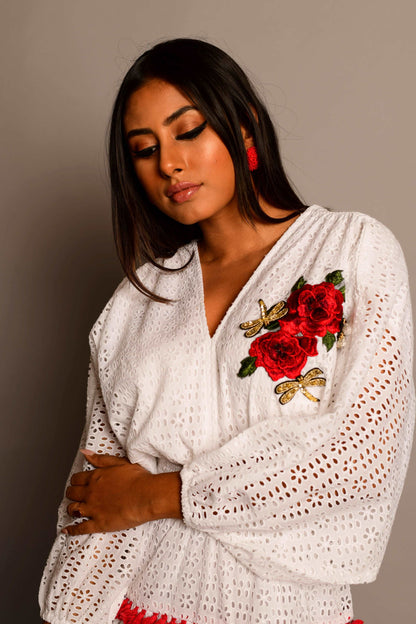 Stylish White Boho Dress with Exquisite Floral Embroidery and Tassels