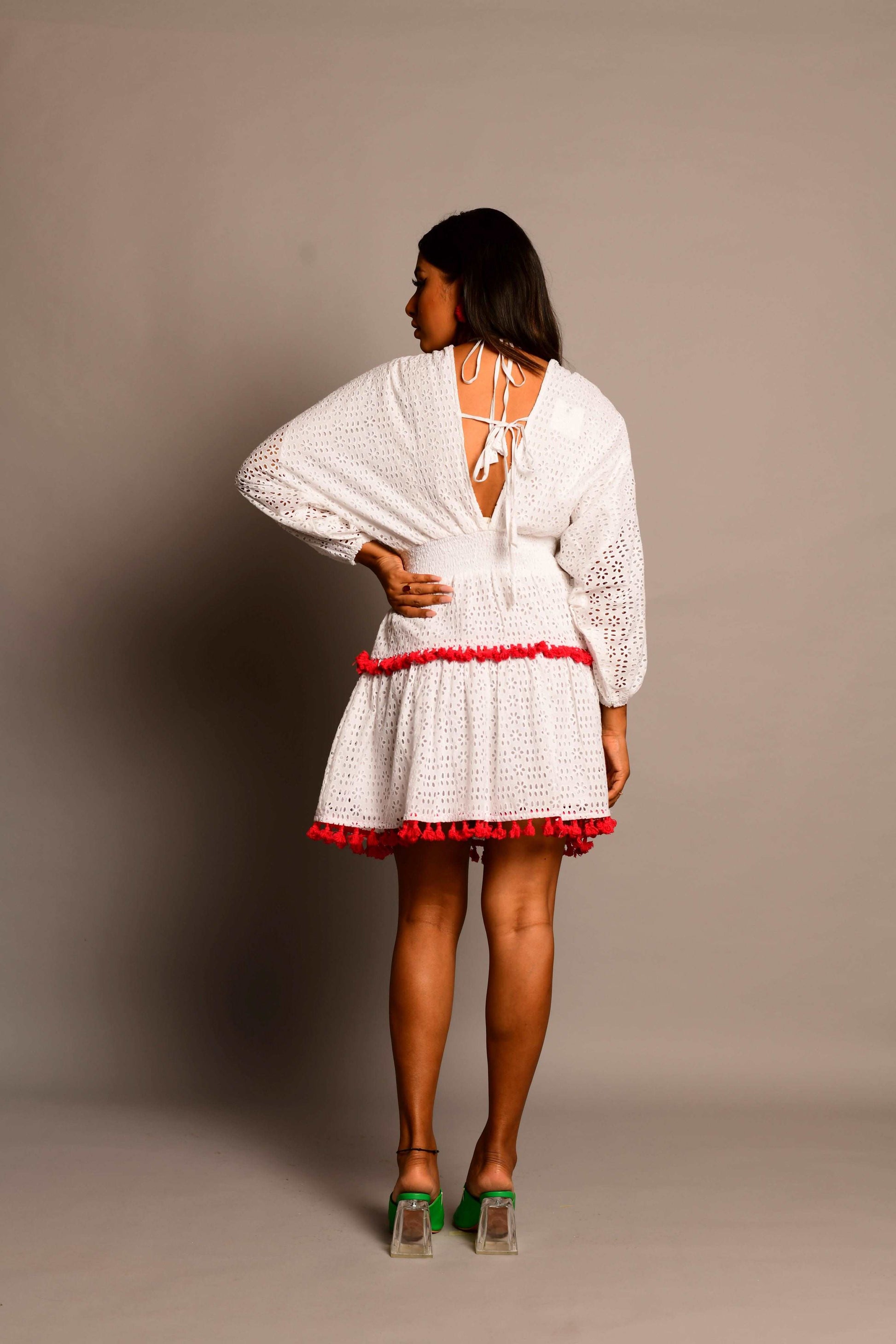 Stylish White Boho Dress with Exquisite Floral Embroidery and Tassels