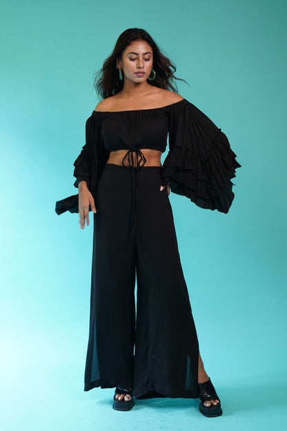 Off Shoulder Frill Top + Slit Pants