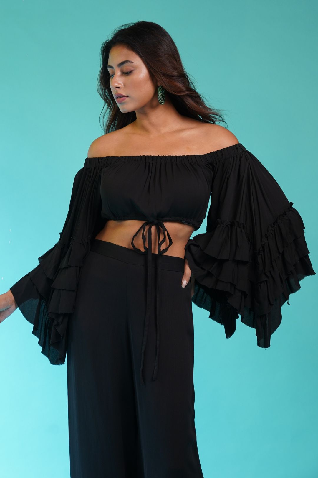 Off Shoulder Frill Top + Slit Pants