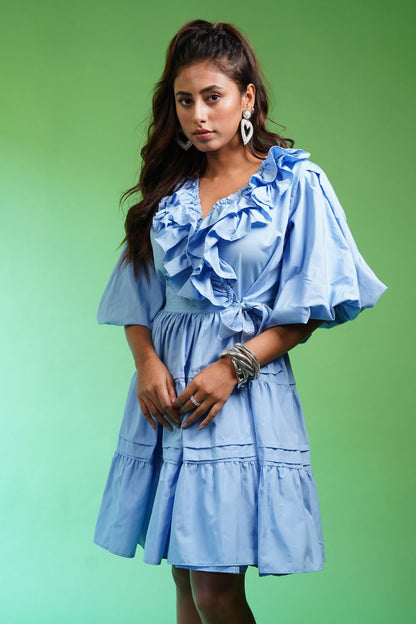 Overlap Sky Blue Ruffle Dress