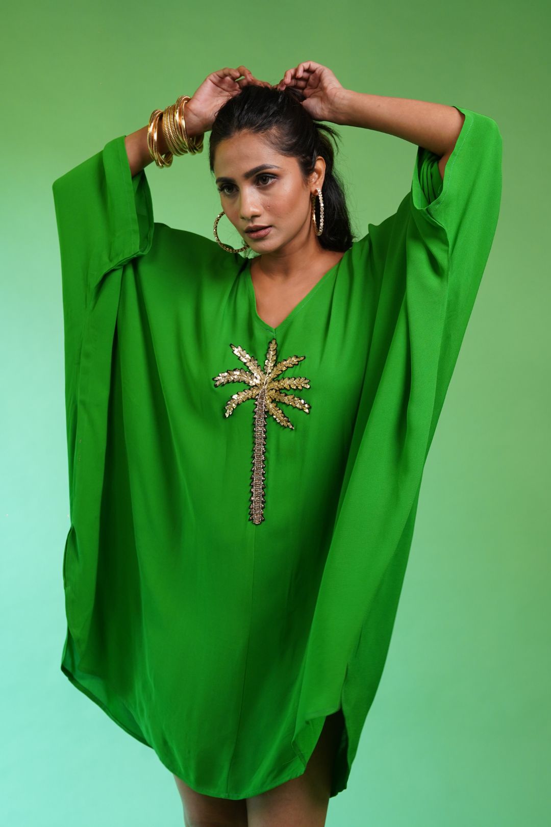 Palm Parrot Green Kaftan Dress