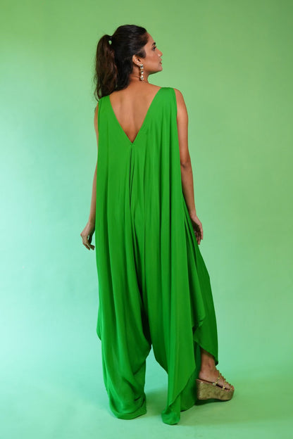 ‘V’ Neck Parrot Green Boho Jumpsuit