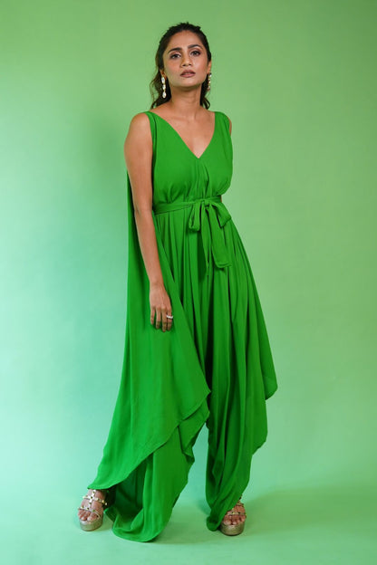 ‘V’ Neck Parrot Green Boho Jumpsuit