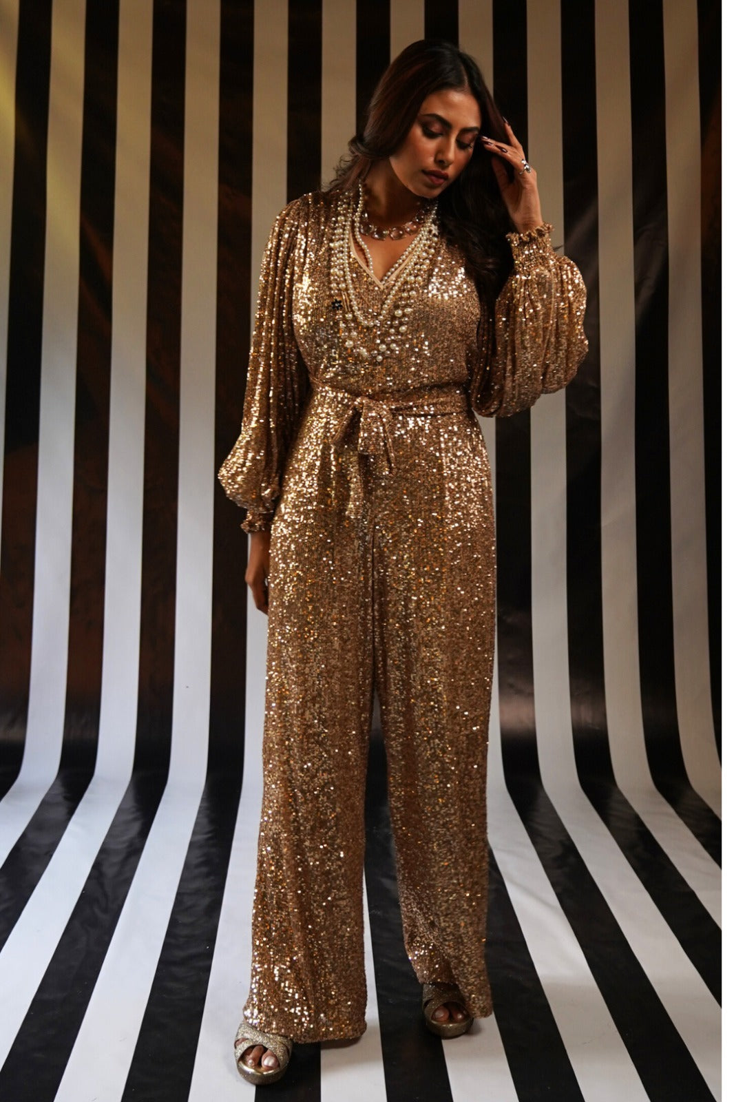 Glamour in Gold: V Neck Bubble Sleeve Jumpsuit