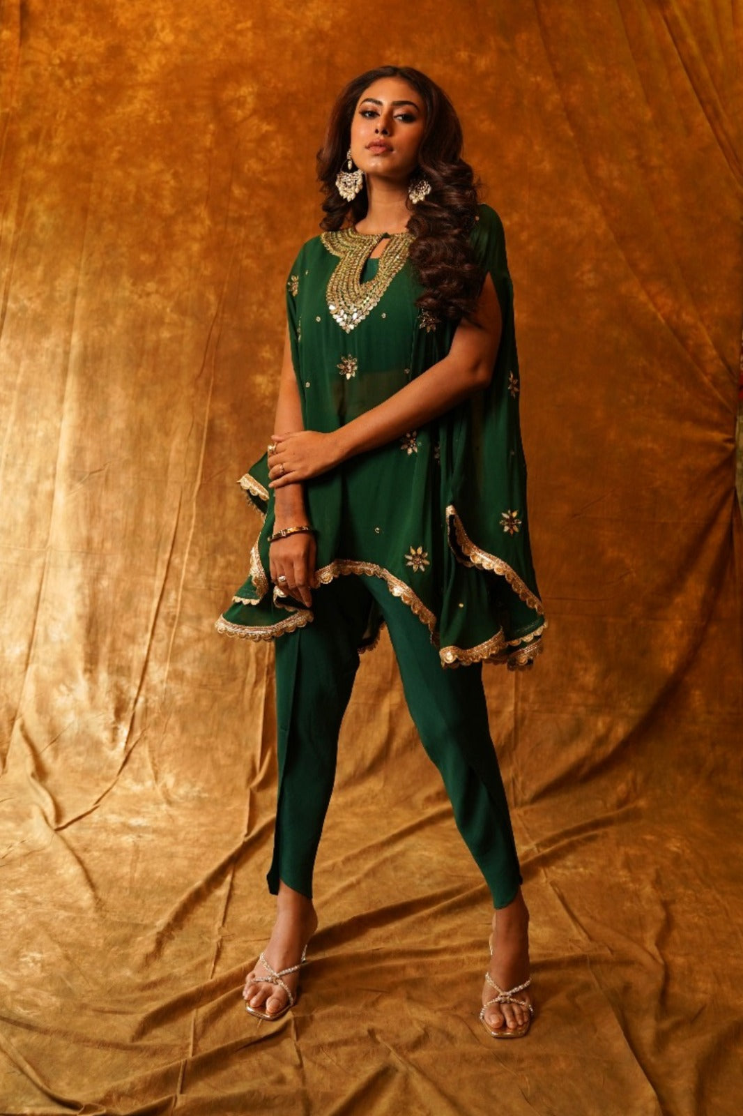 Emerald Mirrorwork Poncho with Overlap Dhoti and Inner