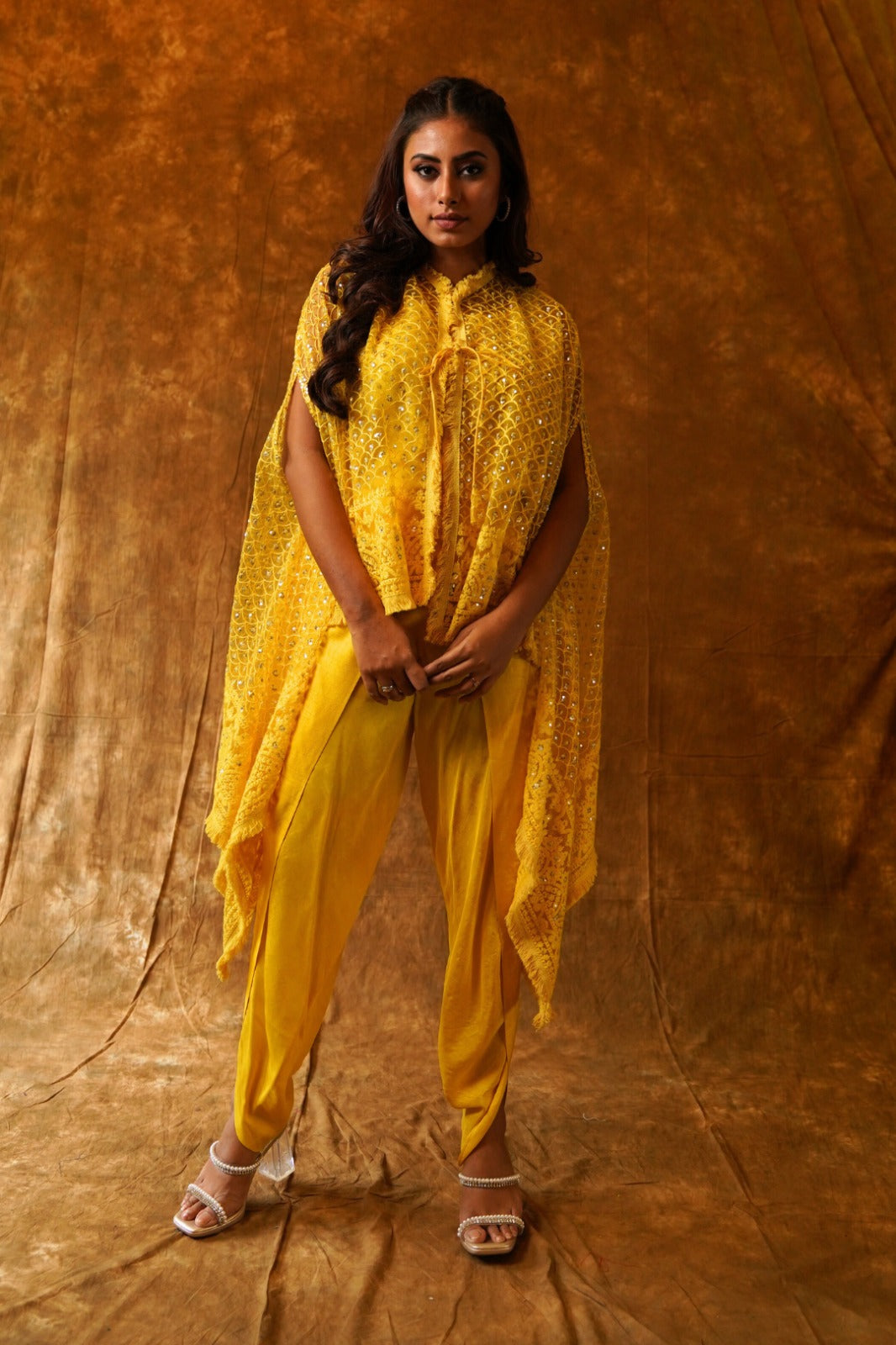 Sunshine Soiree: Net Collared Cape, Dhoti Set