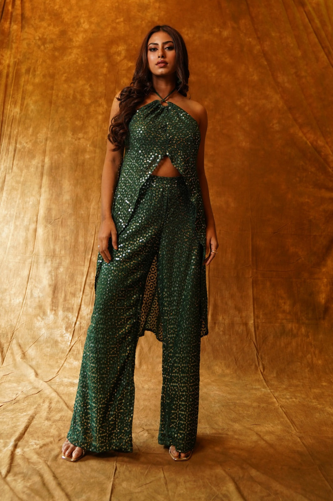 Emerald Green High-Low Top in Mirrorwork and Palazzo Pants