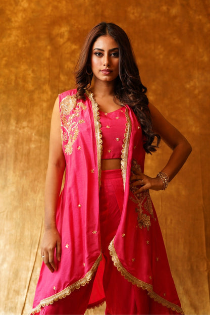 Sleeveless Jacket with Inner and Overlap Dhoti in Rani Pink