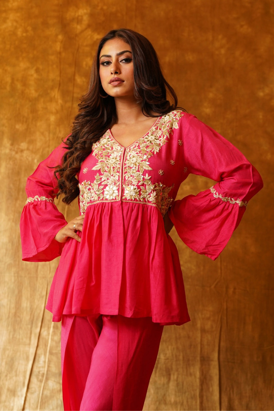 Rani Pink Festive Flair: Peplum Top & Overlap Dhoti Set