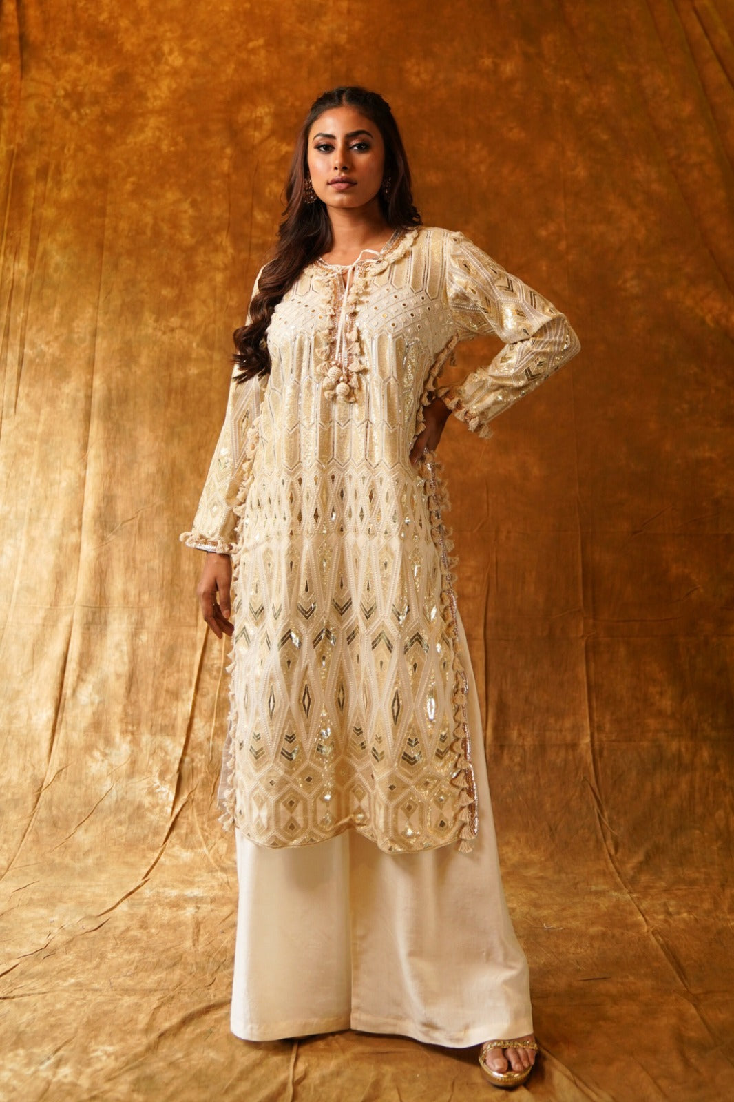 Regal Cream Dream: High-Slit Kurta with Tassels & Palazzo Pants