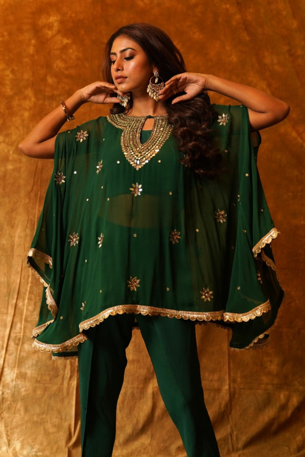 Emerald Mirrorwork Poncho with Overlap Dhoti and Inner