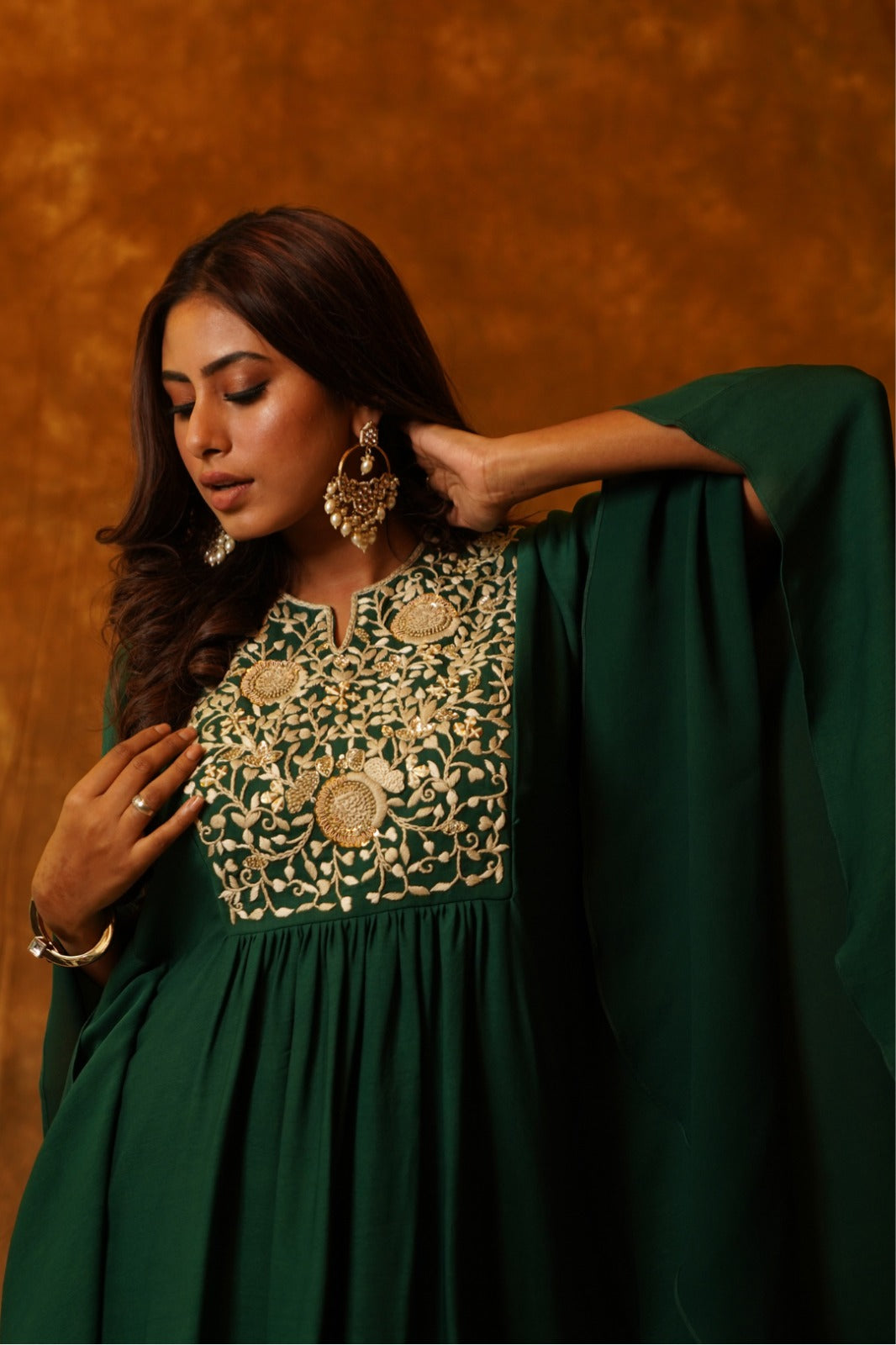 Kaftan Tunic in Emerald Georgette with Overlap Dhoti