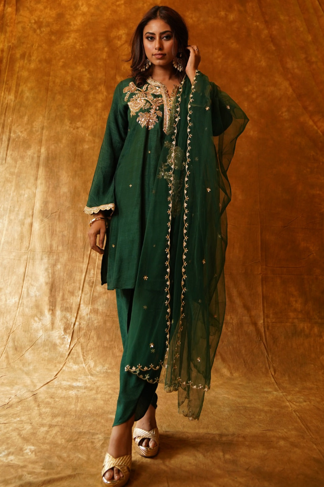 Tunic and Dhoti Set in Emerald with Dupatta