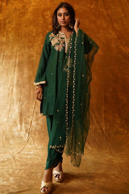 Tunic and Dhoti Set in Emerald with Dupatta