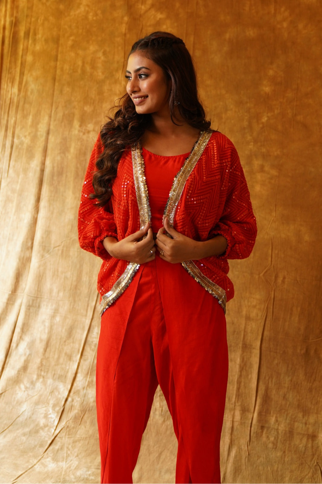 Boho Jacket in Mirrorwork with Inner & Overlap Dhoti in Red