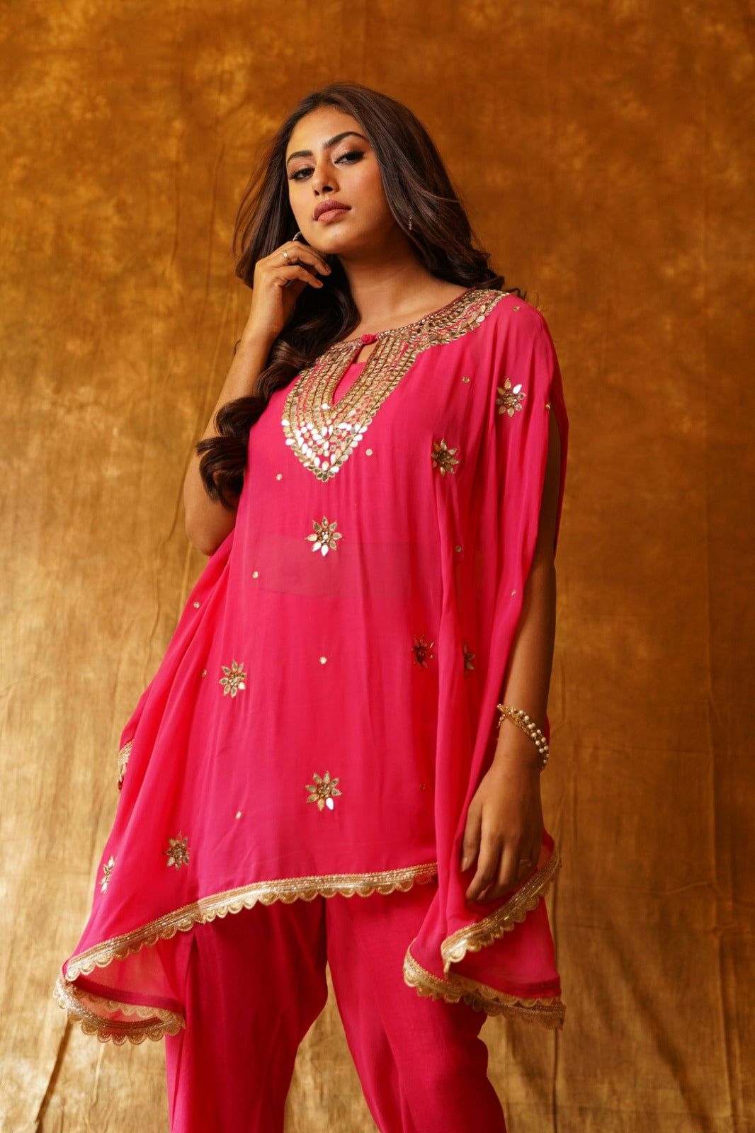 Mirrorwork Poncho & Overlap Dhoti Set - Rani Pink