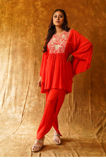 Crimson Radiance: Kaftan Top & Overlap Dhoti Set