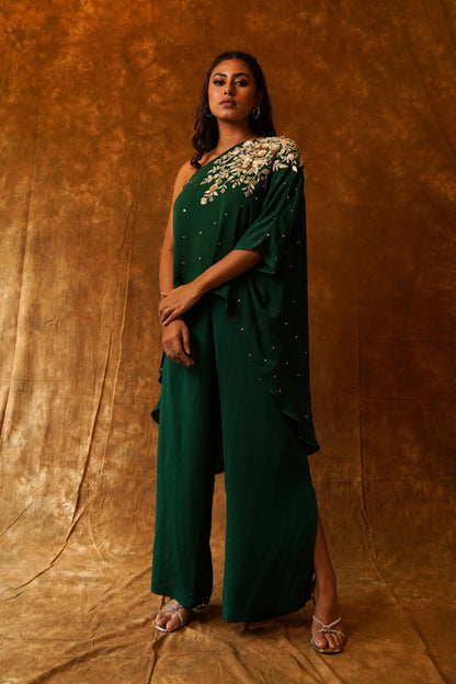 Emerald Enchantment: One-Shoulder Top & Palazzo Pants