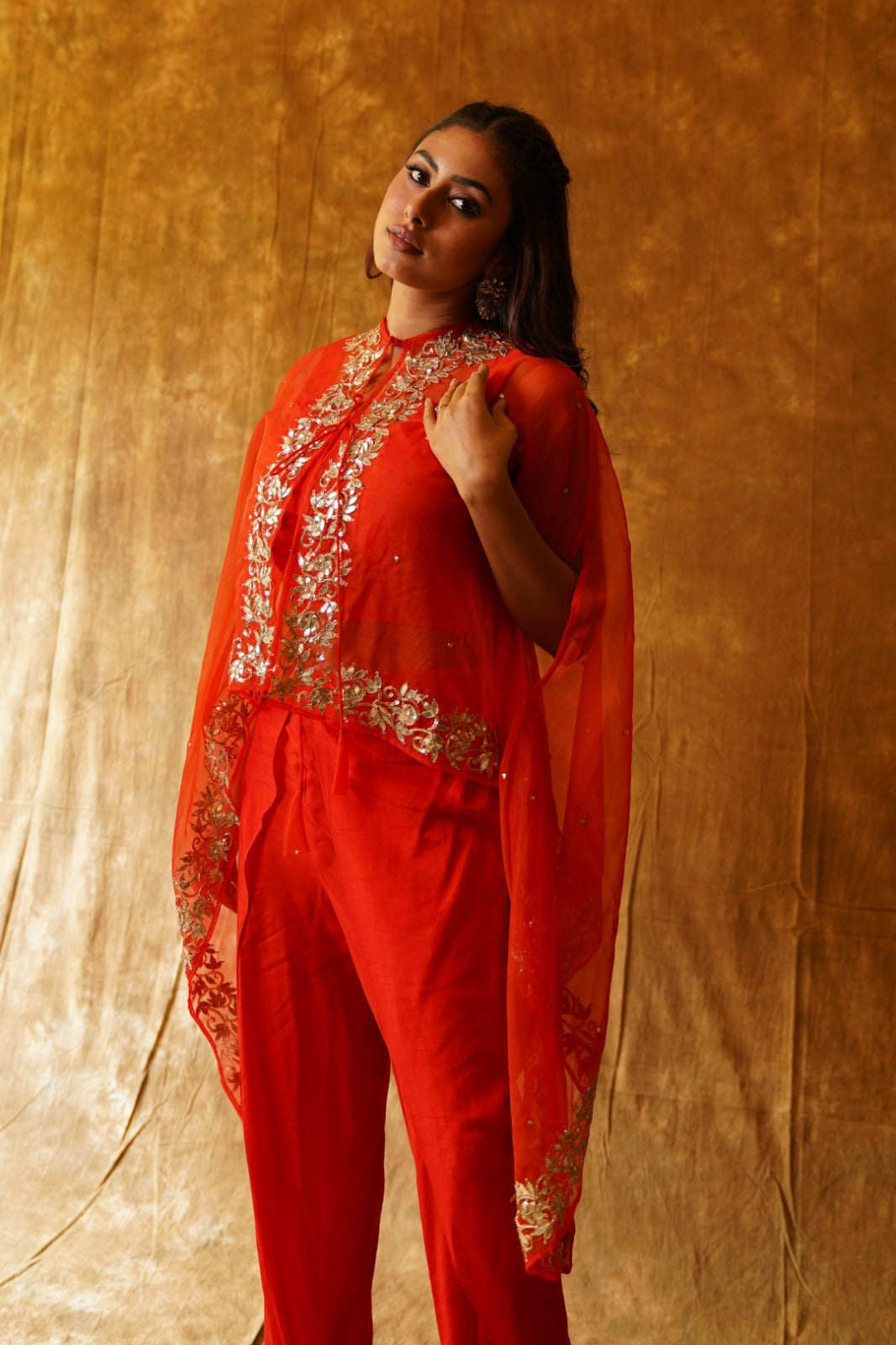 Collared Cape in Organza with Inner and Overlap Dhoti - Red