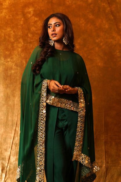 Elegant Emerald Dupatta Cape with Overlap Dhoti & Inner