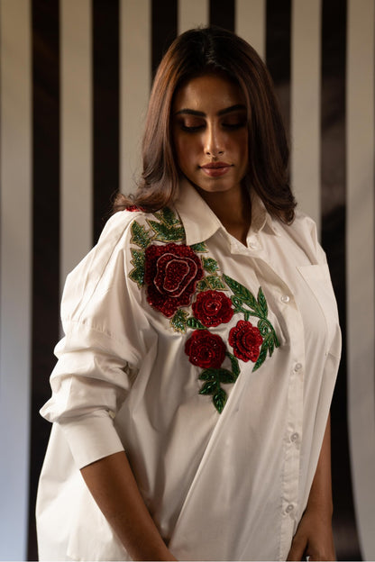 White Flare Shirt with Hand-Embroidered Roses