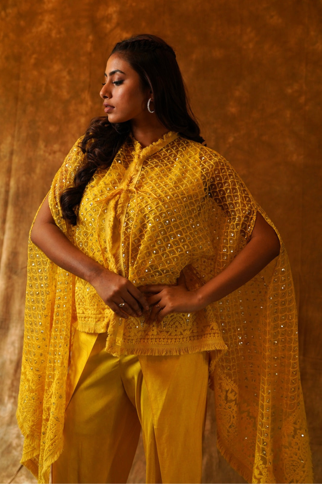 Sunshine Soiree: Net Collared Cape, Dhoti Set