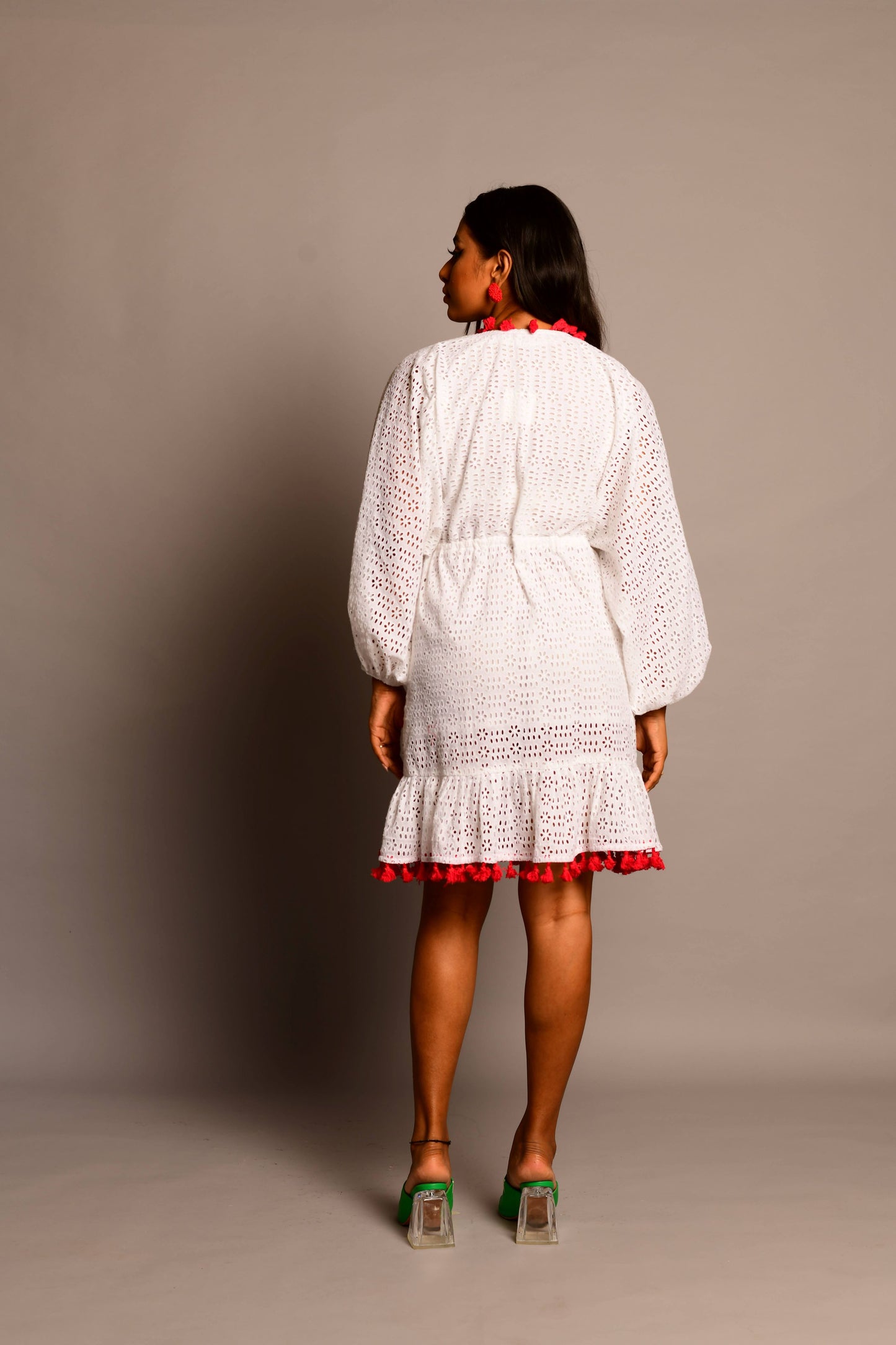 White Eyelet Frilled Mini Dress with Tassels