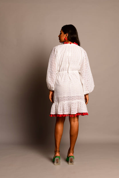 White Eyelet Frilled Mini Dress with Tassels